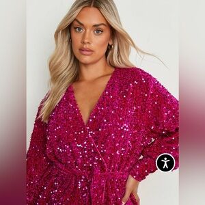 Boohoo Plus Velvet Pink Sequin Wrap Long Sleeve Midi Dress
